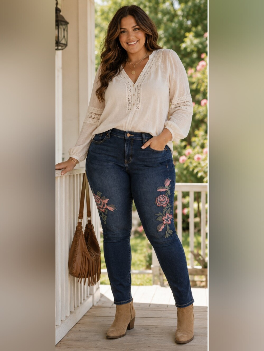 Lane Bryant Dark Wash Skinny Jeans with Pink Floral Embroidery